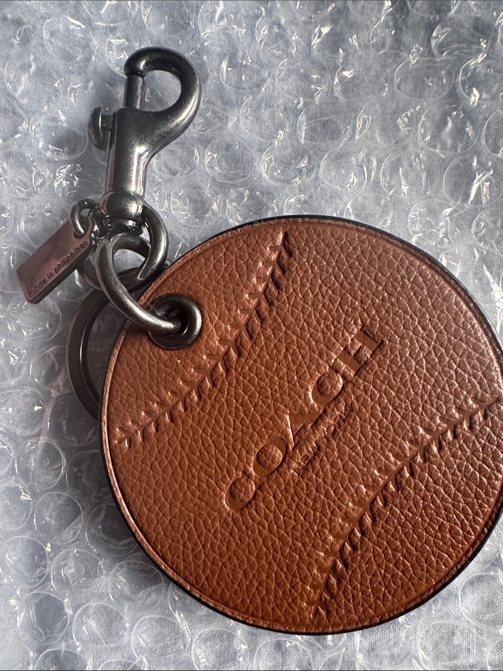 Coach Brown Pebbled Leather Round Key Fob with Silver Hardware